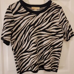 MICHAEL KORS Zebra Print Knit Top Women's Size L Short Sleeve Metallic Accents
